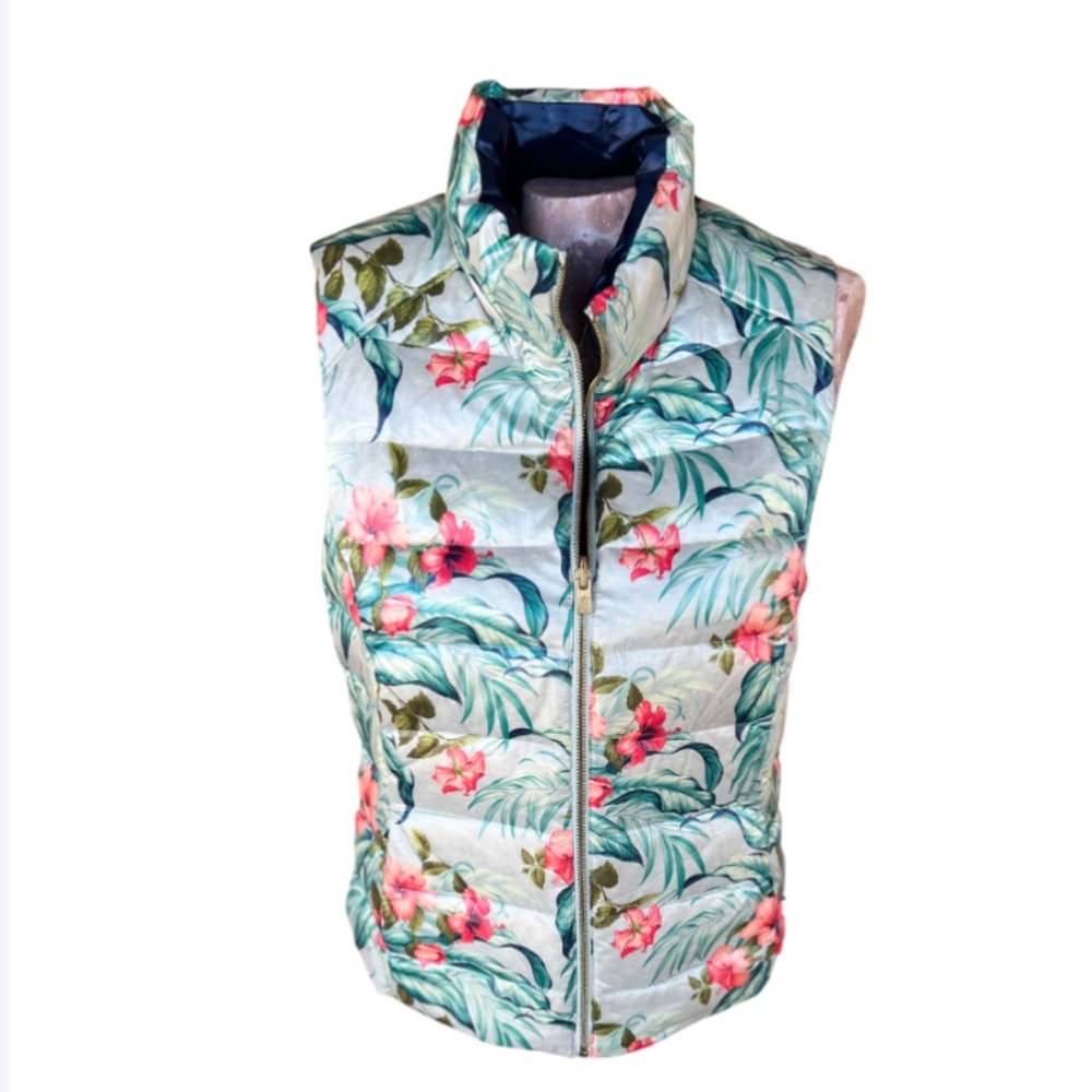 Women's Navy/Floral Reversible Puffer Vest with Pockets (S-M)